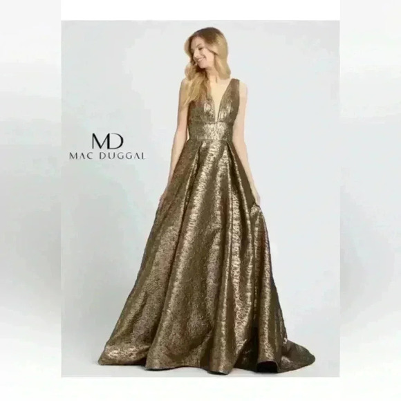 NEW MAC DUGGAL METALLIC JACQUARD ANTIQUE GOLD BALLGOWN sz 0 - Picture 1 of 16